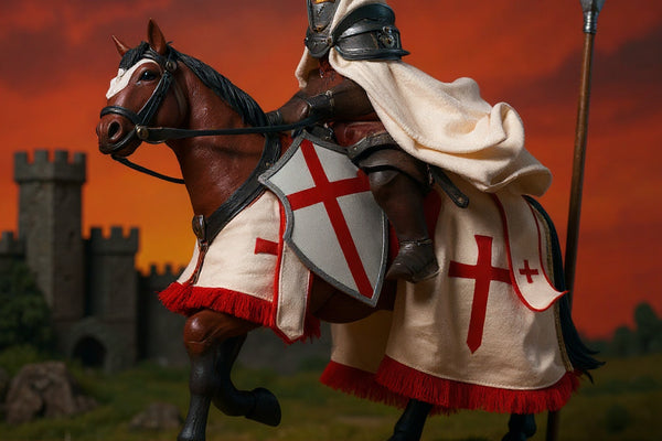 Textured cloth barding on 1/12 scale horse figure in medieval diorama with castle backdrop and battlefield props, dramatic high-contrast lighting.