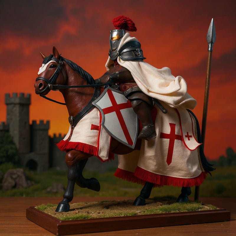 Textured cloth barding on 1/12 scale horse figure in medieval diorama with castle backdrop and battlefield props, dramatic high-contrast lighting.
