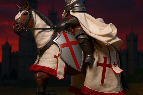 Cloth cape barding on 1/12 scale horse figure with knight armor prop, castle backdrop, dramatic red-purple gradient sky