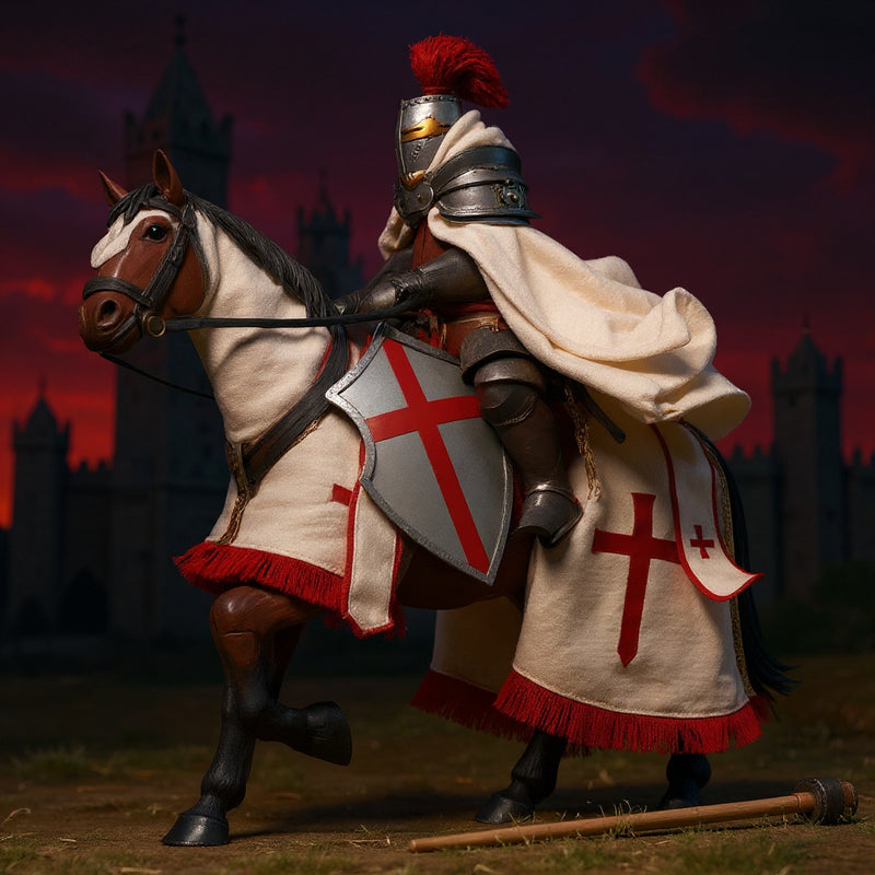 Cloth cape barding on 1/12 scale horse figure with knight armor prop, castle backdrop, dramatic red-purple gradient sky