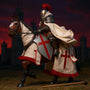 Cloth cape barding on 1/12 scale horse figure with knight armor prop, castle backdrop, dramatic red-purple gradient sky