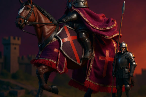 Wire shapeable horse cape for figures in a dramatic medieval diorama setting with knight armor and castle backdrop.