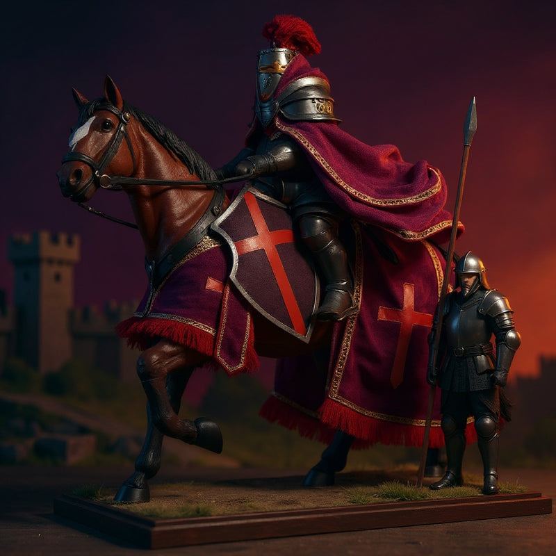 Wire shapeable horse cape for figures in a dramatic medieval diorama setting with knight armor and castle backdrop.