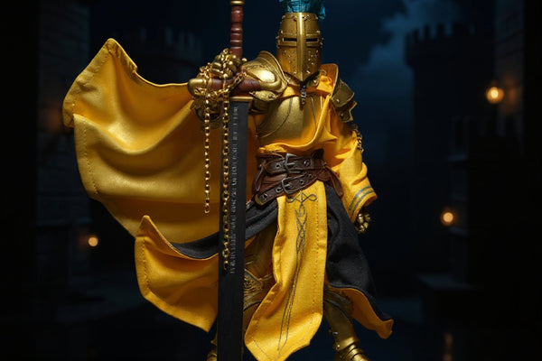 Flowing golden-yellow metallic gold fabric cape draped over 1/12 scale armored knight action figure in dynamic wire pose, medieval castle diorama with moonlit fog, spotlight, stone pillars and reflective black surface.