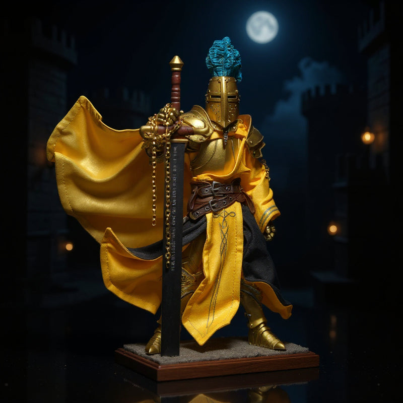 Flowing golden-yellow metallic gold fabric cape draped over 1/12 scale armored knight action figure in dynamic wire pose, medieval castle diorama with moonlit fog, spotlight, stone pillars and reflective black surface.