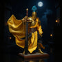 Flowing golden-yellow metallic gold fabric cape draped over 1/12 scale armored knight action figure in dynamic wire pose, medieval castle diorama with moonlit fog, spotlight, stone pillars and reflective black surface.