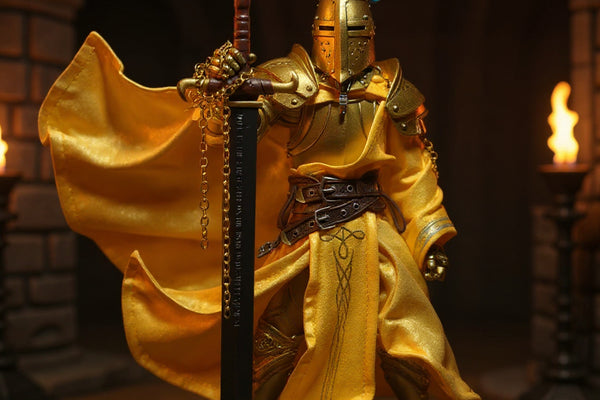 Golden metallic fabric cape on a 1/12 scale armored knight action figure, posed dynamically in a miniature medieval castle diorama with torches and stone pillars.