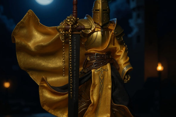 Hero image of a poseable wire cape on a knight action figure in a moonlit medieval diorama with fog.