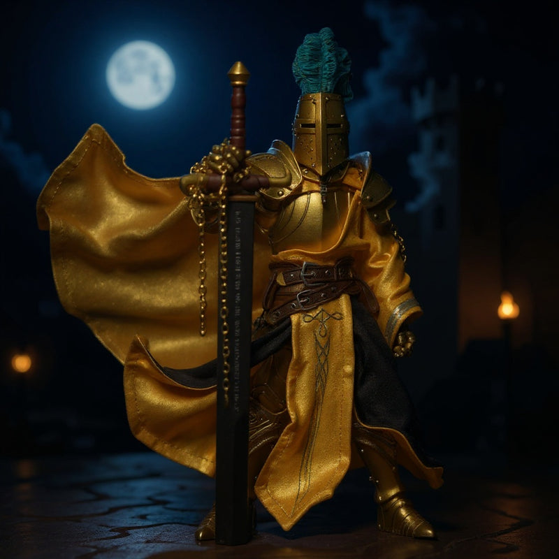 Hero image of a poseable wire cape on a knight action figure in a moonlit medieval diorama with fog.