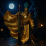 Hero image of a poseable wire cape on a knight action figure in a moonlit medieval diorama with fog.