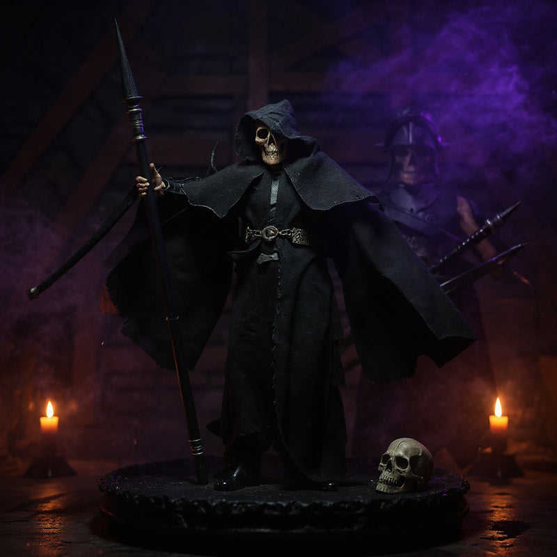 Dark textured fabric cape with visible seams and wire-enhanced drape flowing over a black display platform, surrounded by miniature skulls and bones, fog, and candlelight against a deep violet and blue gradient background.