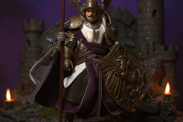Dark fabric knight's cloak with wire-shaped flowing hem draped over 1/12 scale armored knight action figure on mossy rock base, before miniature stone castle backdrop, dramatic purple-blue gradient lighting.