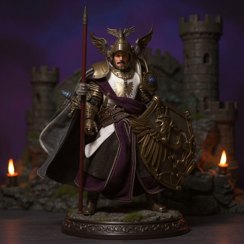 Dark fabric knight's cloak with wire-shaped flowing hem draped over 1/12 scale armored knight action figure on mossy rock base, before miniature stone castle backdrop, dramatic purple-blue gradient lighting.
