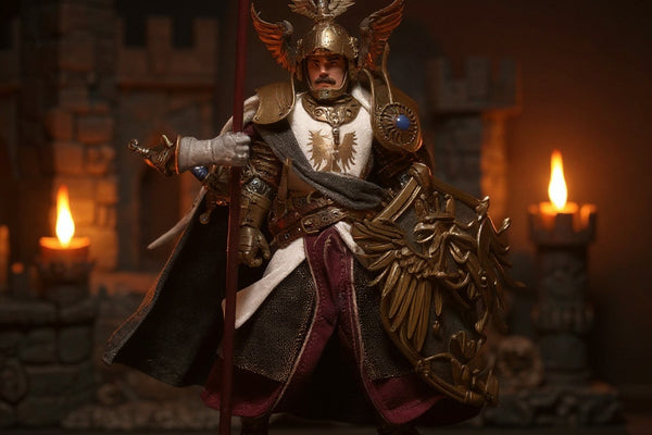 Dark fabric knight's cloak with wire-shaped hem draped over an armored knight figure, displayed before a stone castle backdrop with warm candlelight.