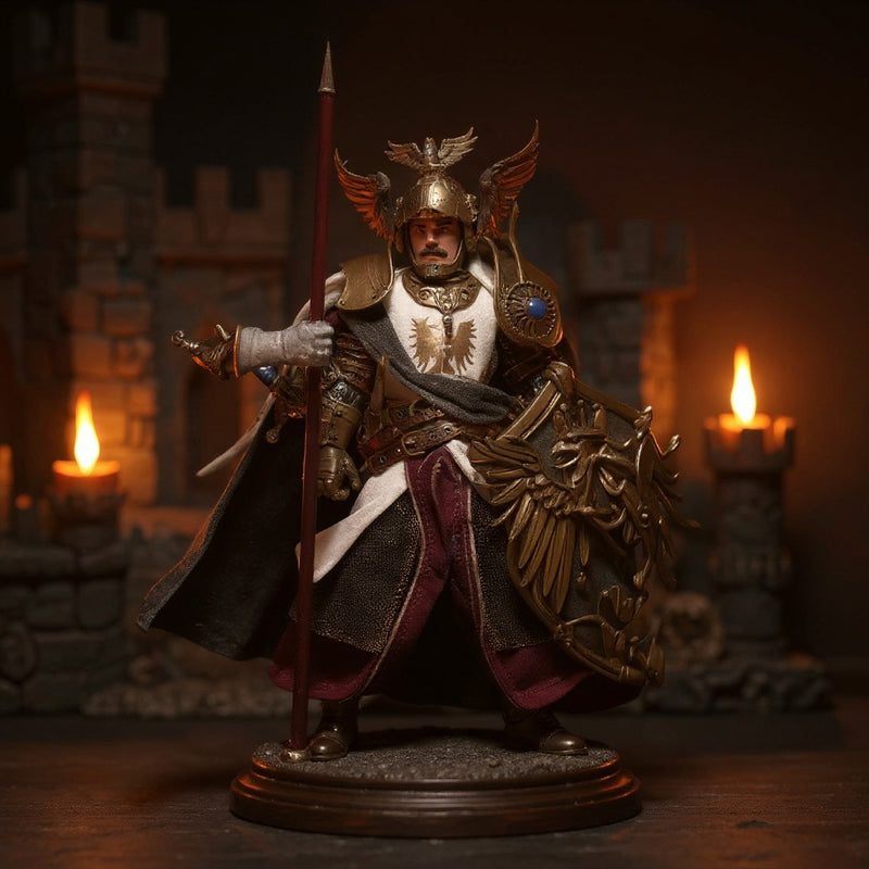 Dark fabric knight's cloak with wire-shaped hem draped over an armored knight figure, displayed before a stone castle backdrop with warm candlelight.