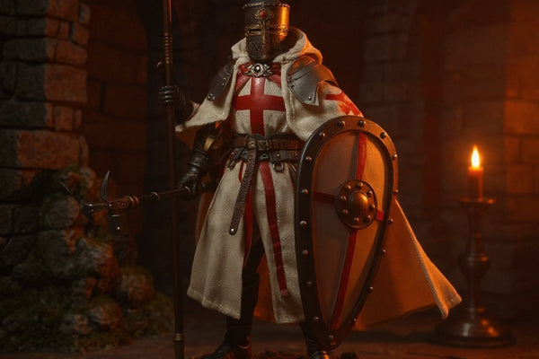 Poseable fabric cape for action figures billowing dramatically in a medieval castle scene with props.