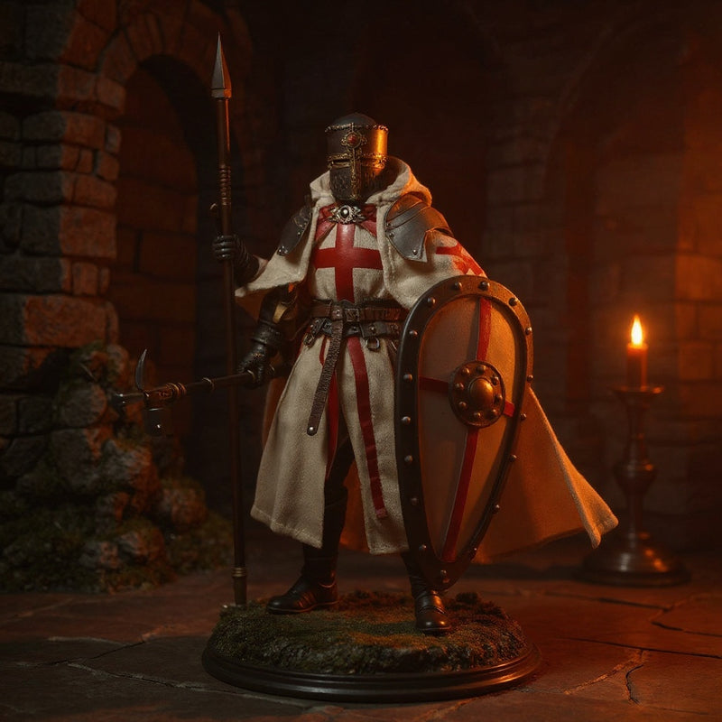 Poseable fabric cape for action figures billowing dramatically in a medieval castle scene with props.