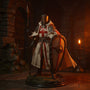 Poseable fabric cape for action figures billowing dramatically in a medieval castle scene with props.