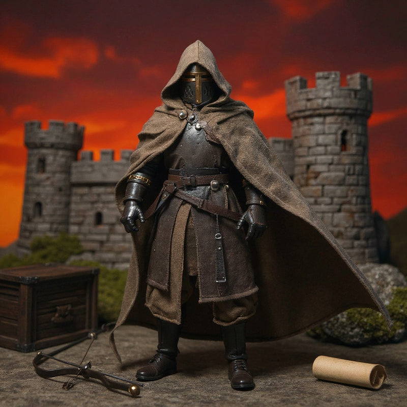 Soft fabric cape in weathered brown-tan hues billowing on a 1/12 scale crusader archer figure against a dramatic medieval stone castle backdrop with bright crimson-amber gradient sky, wooden crate, moss rock, and bow prop.