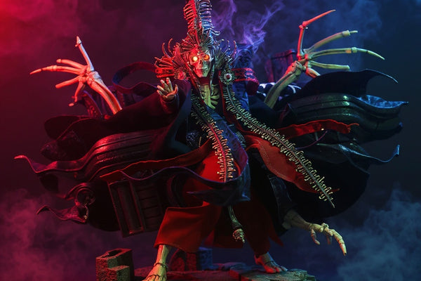 Dark fabric cape on skeletal figure in ruined castle diorama with red and blue dramatic lighting
