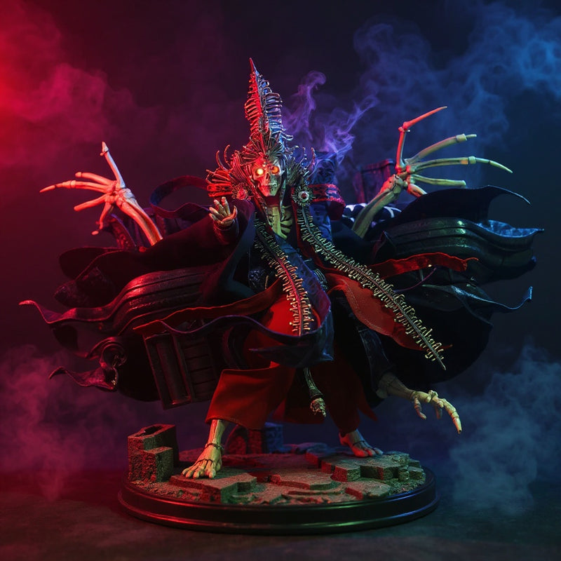 Dark fabric cape on skeletal figure in ruined castle diorama with red and blue dramatic lighting