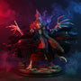 Dark fabric cape on skeletal figure in ruined castle diorama with red and blue dramatic lighting