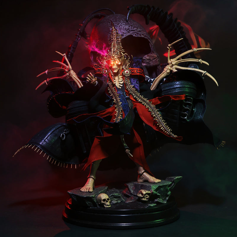 Dark textured fabric cape on armored skeletal action figure in dramatic pose, gothic diorama with fog and red-blue gel lighting