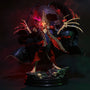Dark textured fabric cape on armored skeletal action figure in dramatic pose, gothic diorama with fog and red-blue gel lighting