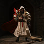 Dark hooded fabric cape on 1/12 crusader action figure in stone castle diorama with crimson gradient background