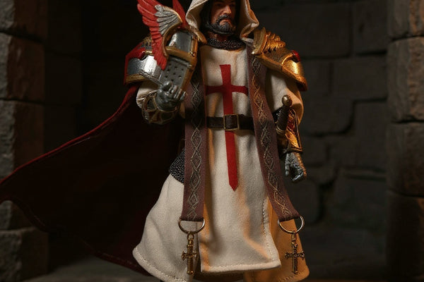 1/12 scale crusader action figure with wired fabric cape in a stone castle diorama, dramatic lighting.