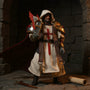 1/12 scale crusader action figure with wired fabric cape in a stone castle diorama, dramatic lighting.