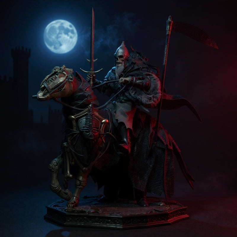 Dark tattered-edge cloth cape on 1/12 scale figure in moonlit castle ruins with sword and shield