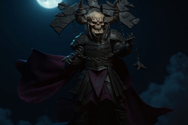 DIY cloth cape on action figure billowing in a moonlit scene with fog and dramatic lighting