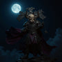DIY cloth cape on action figure billowing in a moonlit scene with fog and dramatic lighting