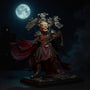 Dark flowing cape on action figure posed on rooftop diorama with moonlit sky and fog, dramatic side lighting, deep black and muted red tones