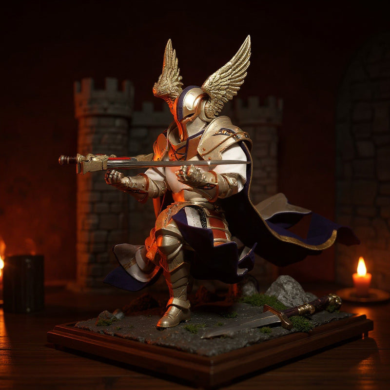 Dark fabric cape with wire structure draped over a 6-inch armored knight action figure, set against a miniature stone castle backdrop with sword and shield props, dramatic crimson and charcoal gradient background.