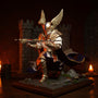 Dark fabric cape with wire structure draped over a 6-inch armored knight action figure, set against a miniature stone castle backdrop with sword and shield props, dramatic crimson and charcoal gradient background.