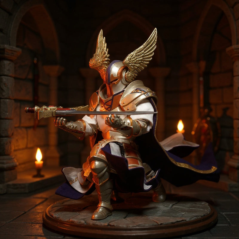 Dark fabric cape with dynamic folds displayed on a knight action figure against a dramatic castle backdrop.