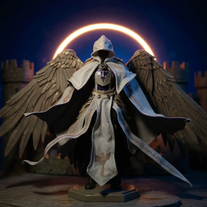 Fabric action figure cape with wire-stiffened edges draped over miniature torso, dramatic stone castle and halo lighting