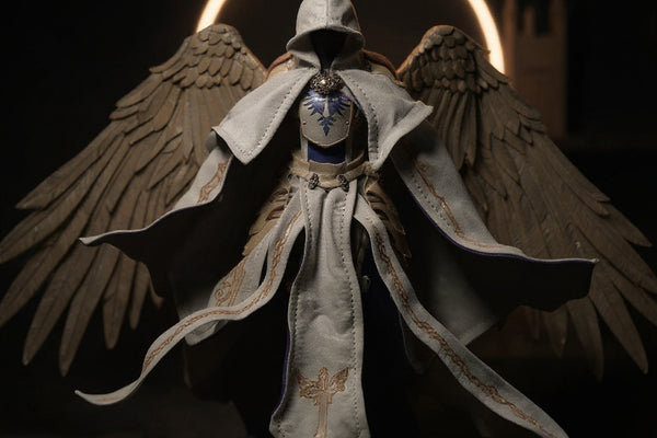 Fabric cape on action figure torso with castle backdrop and angel wings, dramatic lighting.