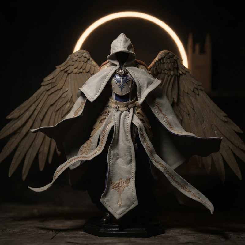 Fabric cape on action figure torso with castle backdrop and angel wings, dramatic lighting.
