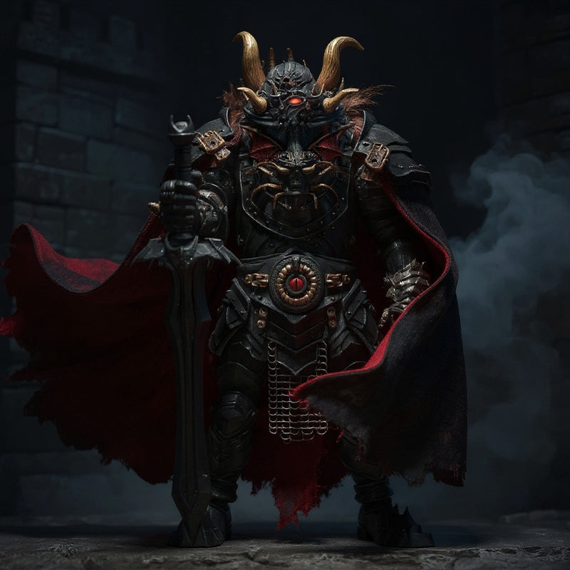 Handmade dark fabric cloak with wire-shaped folds draped over a dark fantasy action figure in a moody castle setting