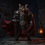 Dark handmade cloak on dark fantasy action figure in stone castle with lantern and weapon rack.