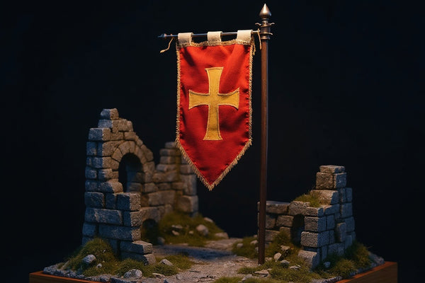 Action figure war banner displayed in castle ruins diorama with torch lighting.