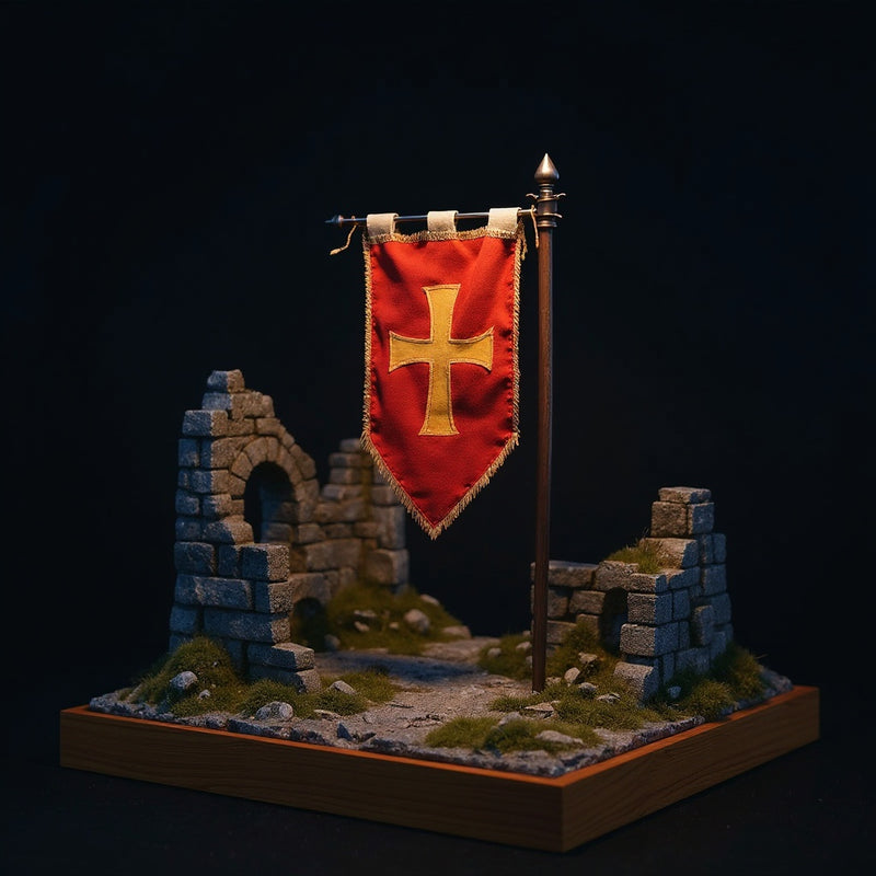 Action figure war banner displayed in castle ruins diorama with torch lighting.