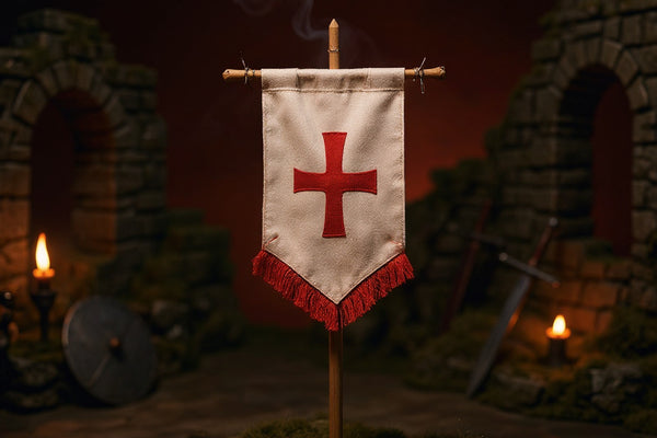 Small fabric crusader war banner on thin pole in miniature castle ruins with sword, shield and torch lighting