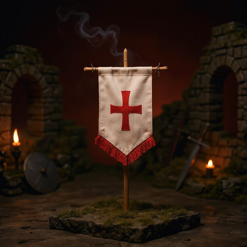 Small fabric crusader war banner on thin pole in miniature castle ruins with sword, shield and torch lighting