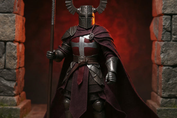 Handmade dark grey cloth cape on a medieval knight action figure against a crimson gradient backdrop with miniature castle props