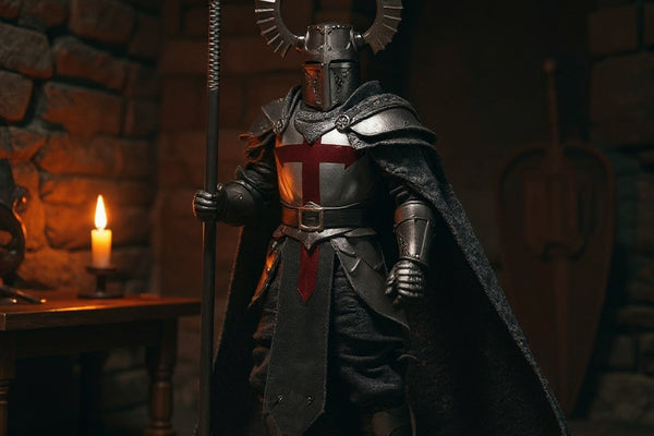 Flowing fabric action figure cape on knight figure with medieval castle backdrop and candle-lit props, showcasing wire-shaped drape and woven texture.
