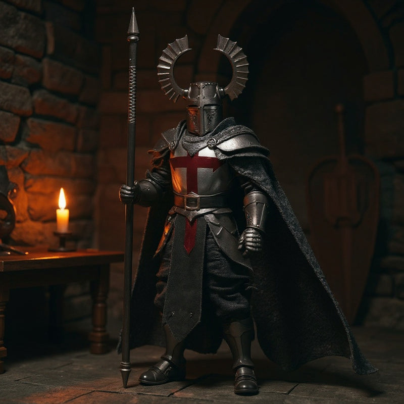 Flowing fabric action figure cape on knight figure with medieval castle backdrop and candle-lit props, showcasing wire-shaped drape and woven texture.
